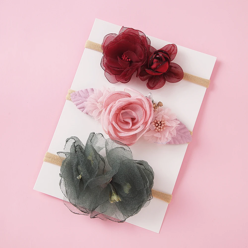 

3pcs Baby Floral Headbands For Girls Chiffon Flower Leaf Nylon Headwear Cute Toddler Hairband Infants Boutique Hair Accessories