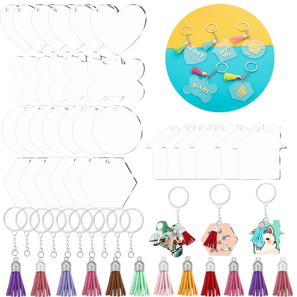 

60Pcs Clear Acrylic Keychain Blank Pendant Circle Discs Set Heart Dog Bone Leather Tassel Pet Hanging Kit For DIY Jewelry Making