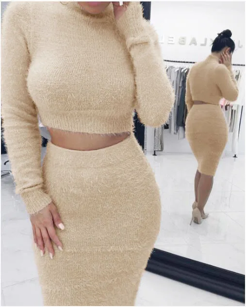 

FNOCE autumn winter women's sets fashion casual sexy solid color turtleneck long sleeve short sweater and bust skirt two-piece