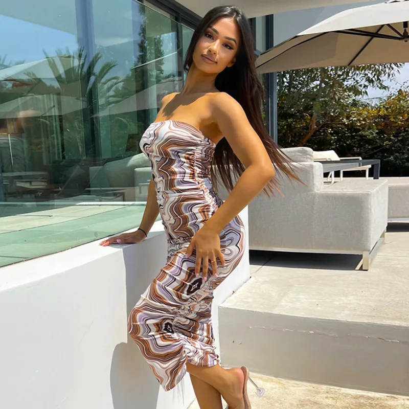 

Hotvestita 2021 Summer Fashion Print Women Sexy Strapless Party Dress Ruched Bodycon Backless Elegant Club Pencil Midi Dresses