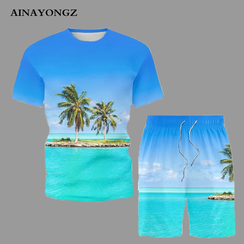 

Костюм мужской Пляжный из 2 предметов, повседневная одежда с шортами, кокосовое дерево, морской вид, короткий комплект с 3D принтом, обычная ф...