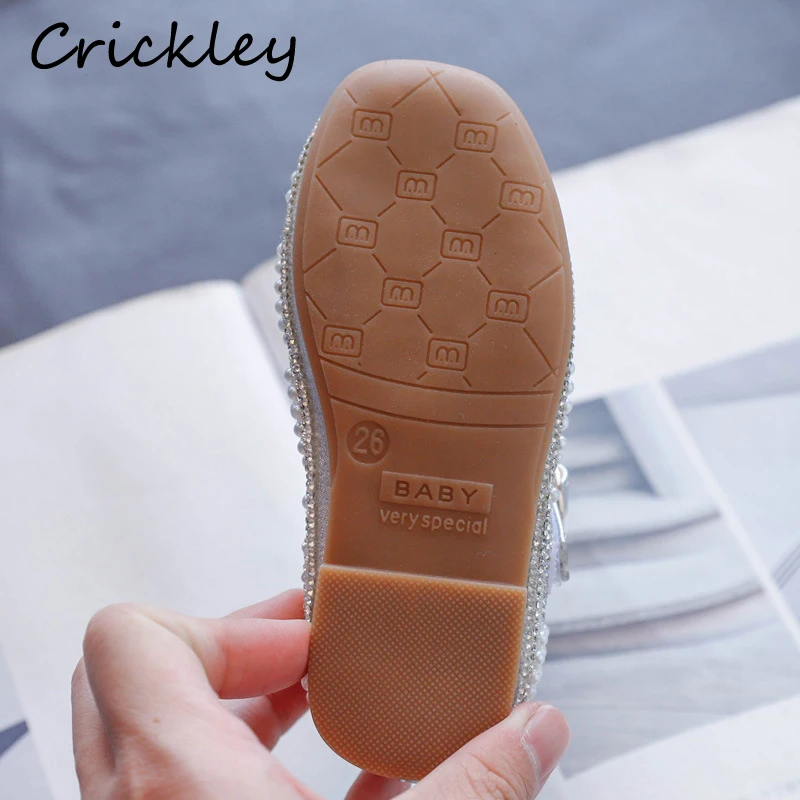

Spring Autumn Bling Pearl Kids Flats Crystal Party Toddler Girls Princess Shoes PU Non Slip Mary Janes Shoes For Children