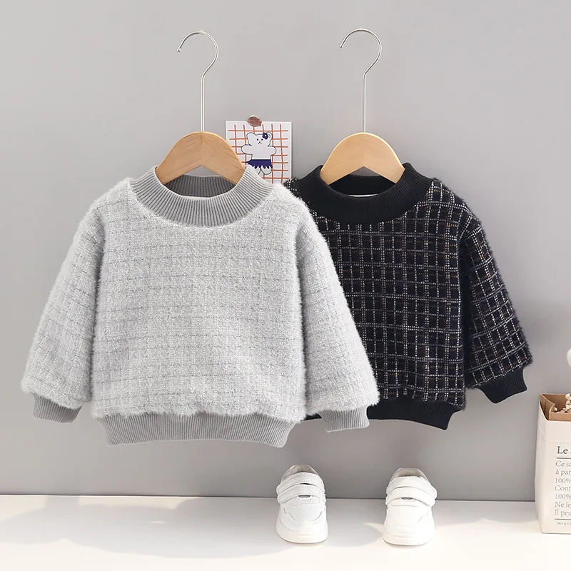 

2021 зимний однотонный бархатный плотный свитер с круглым вырезом и длинными рукавами для девочек, детские зимние свитера, свитер для маленьк...