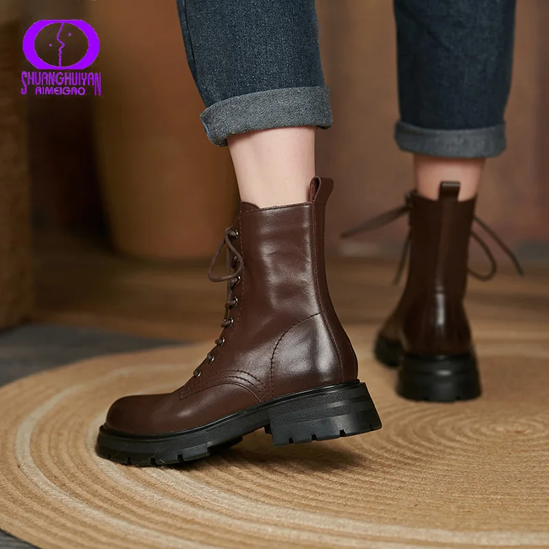 

AIMEIGAO Fashion Retro Knight Boots Women Martin Boots New Lace Up Side Zipper Platform Round Head Female Casual Short Boots