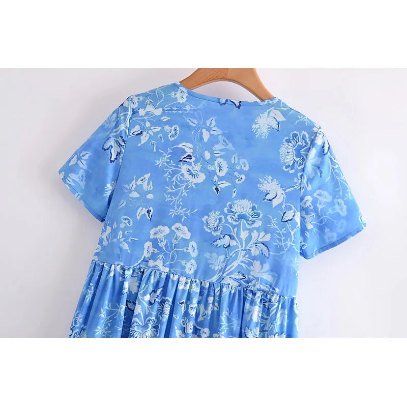 

Vintage V-neck Short-sleeved Floral Women Dress Loose Ruffle Stitching Holiday Style Chic Female Dresses Vestidos Mujer