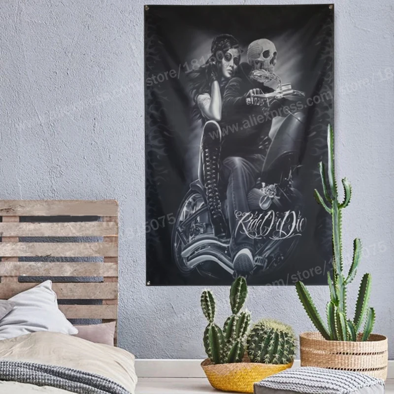 Skull Tattoo Motorcycle Biker Rider Flag Banner Sexy Lady Beauty Home Decoration Hanging 4 Gromments In Corners 3*5FT 144*96CM |