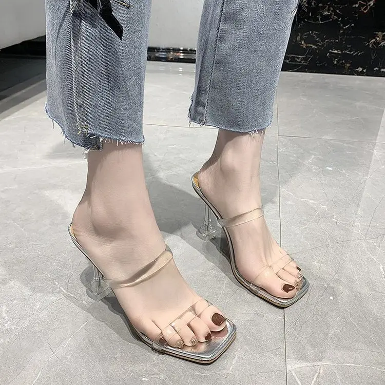 

Shoes Slippers Women Summer Thin Heels Pantofle Heeled Mules Slides 2021 High Basic Rubber Strange Style Rome Fabric PU PVC