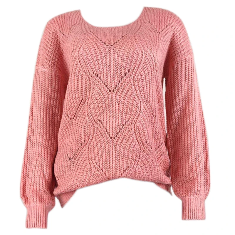 

Women Autumn Hollow Out Knitted Sweater Long Sleeve Round Neck Elegant Pullover Tops Solid Color Casual Loose Jumper