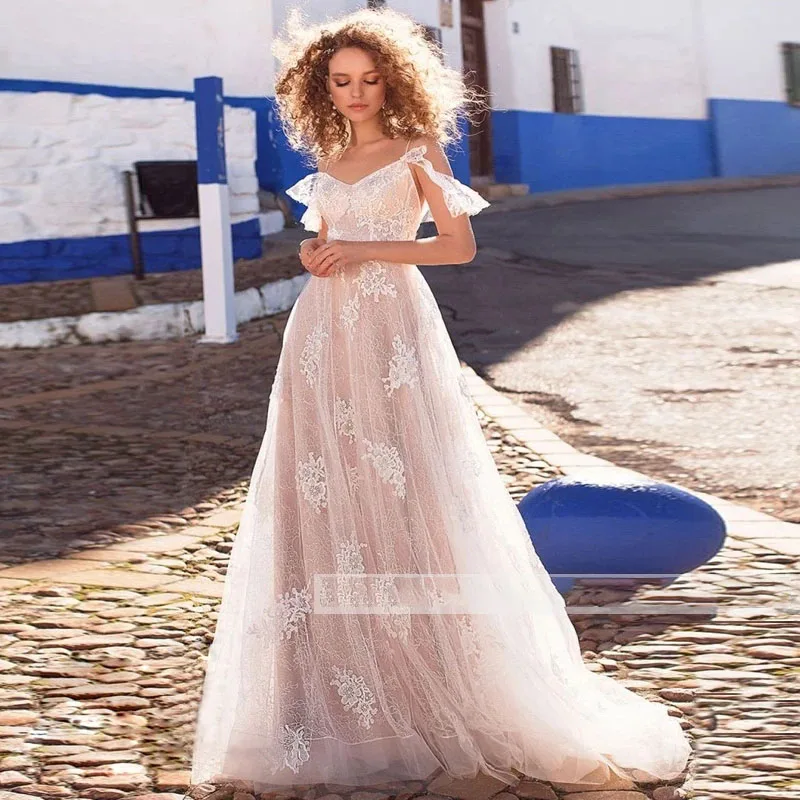 

Beach Vestido De Novia Modesto Lace Wedding Dresses 2021 A-Line Spaghetti Straps Appliqued Cheap Wedding Gown Bridal Dresses