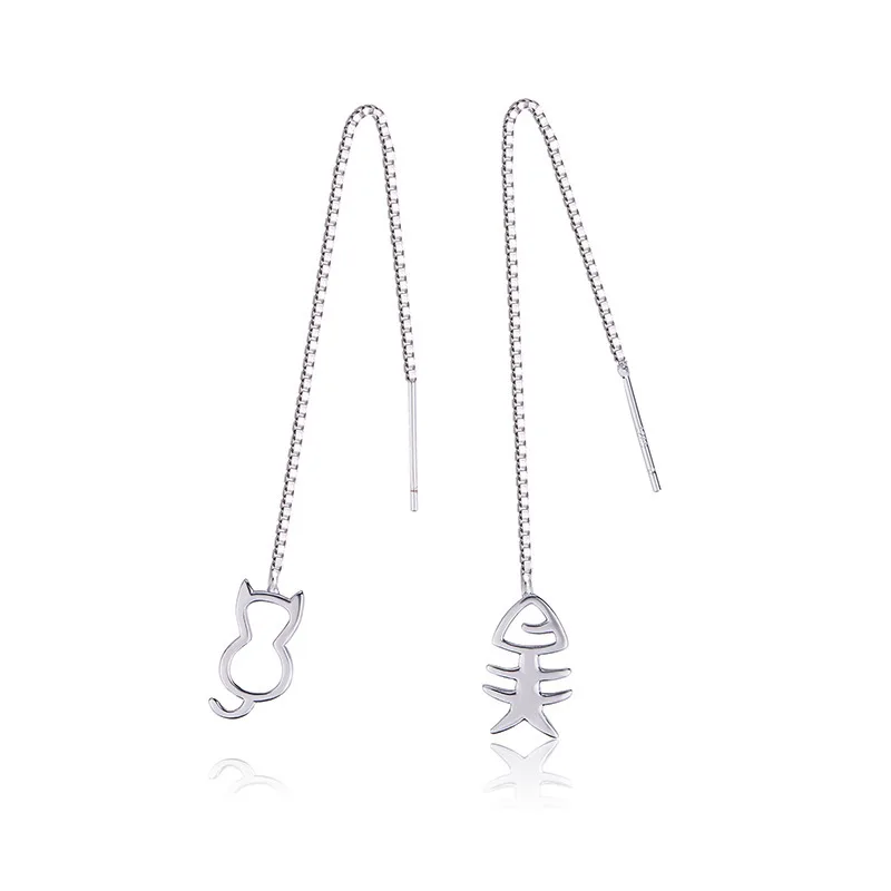 

LISM 2020 Lovely Cat And Fish Long Tassel Earrings 925 Sterling Silver For Women Dangle Earrings Brincos Pendientes