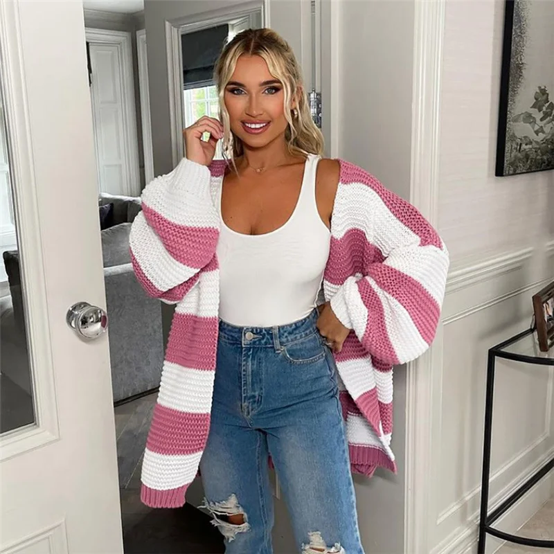 

NSHYPOI 2021 Autumn New Women's Fashion Long-sleeved Hit Color Cardigan Knitted Mid-length Loose Casual Sweater Jacket