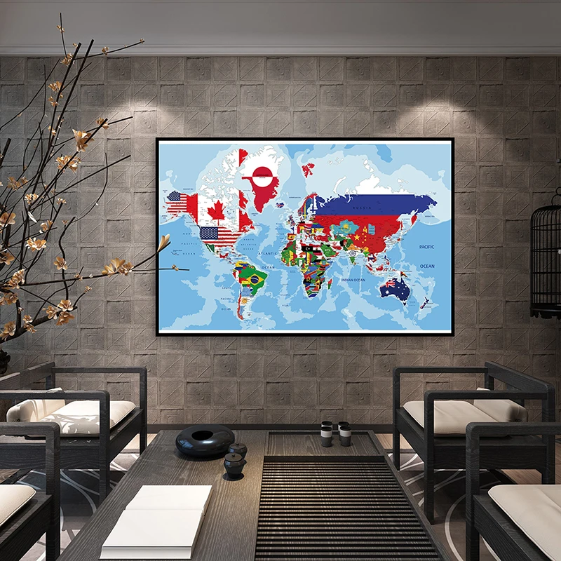 

80*60cm The World Map with National Flags Wall Posters Canvas Paintings Living Room Home Decoration Children School Supplies