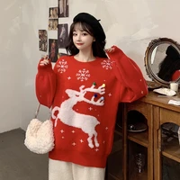 Sweet Cute Elk Pullover Christmas Sweater Women 2020 Autumn Winter O-Neck Long Sleeve Knitted Sweater Korean Clothes Jumper Girl