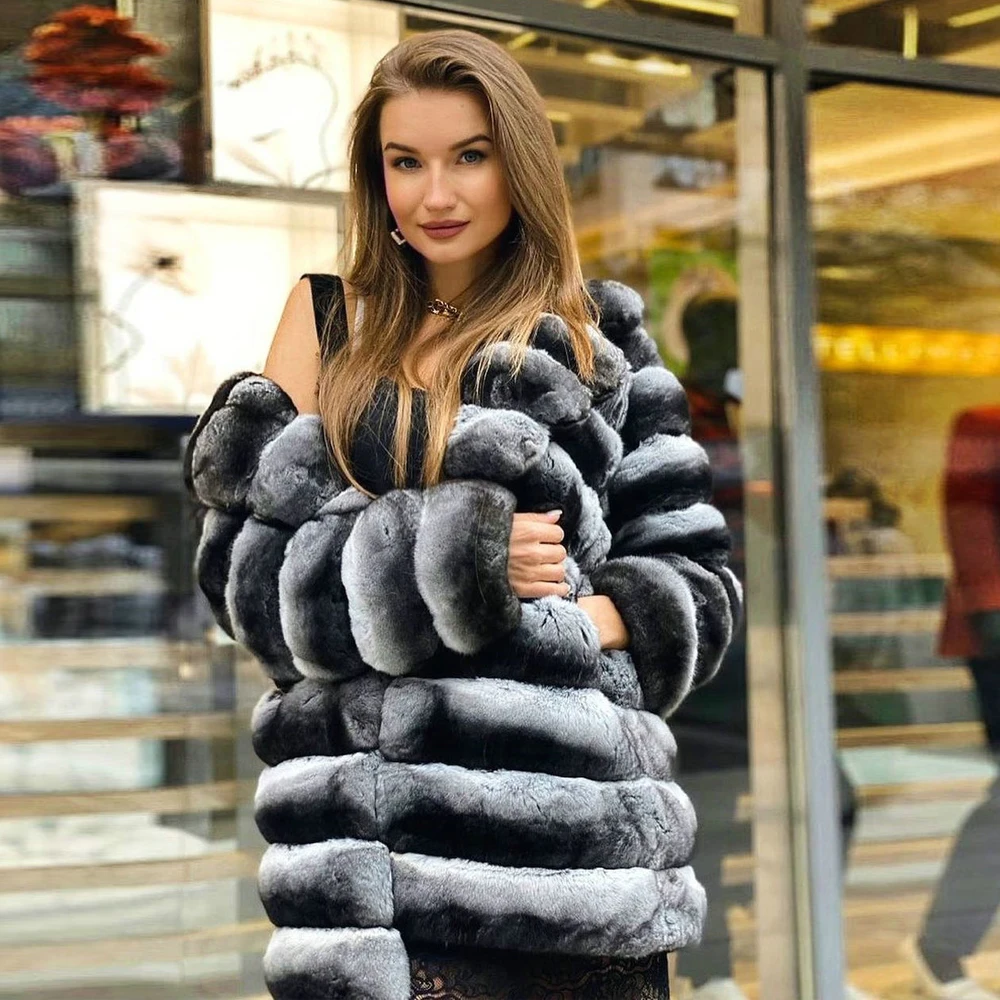 Winter Fashion Natural Rex Rabbit Fur Coat with Turn-down Collar New Trendy Chinchilla Color Real Rex Rabbit Fur Coats for Woman enlarge