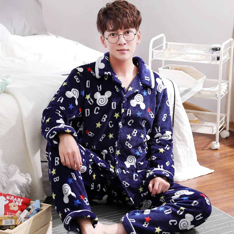 Осенне-зимняя мужская Толстая Фланелевая пижама костюм из двух предметов с