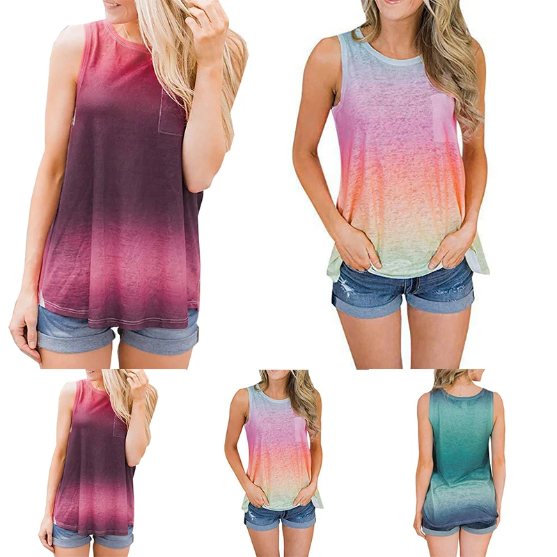 

Fashion Women Camisole Tank Tops Tie-dye printing gradient Tops T-Shirt Casual Loose O-Neck Sexy Plus Size Sleeveless Ladies