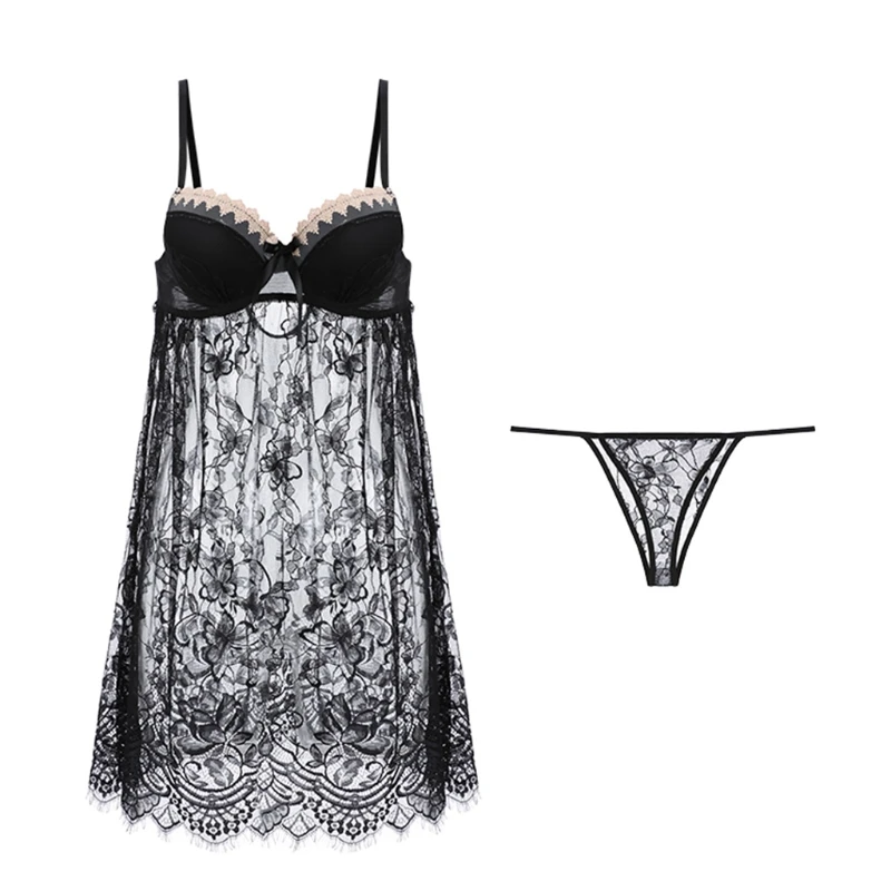 

X3UE Temptation Pajamas Sexy Perspective Mesh Dress Gathered Push Up Costumes Suspender Nightdress with Pads for Women