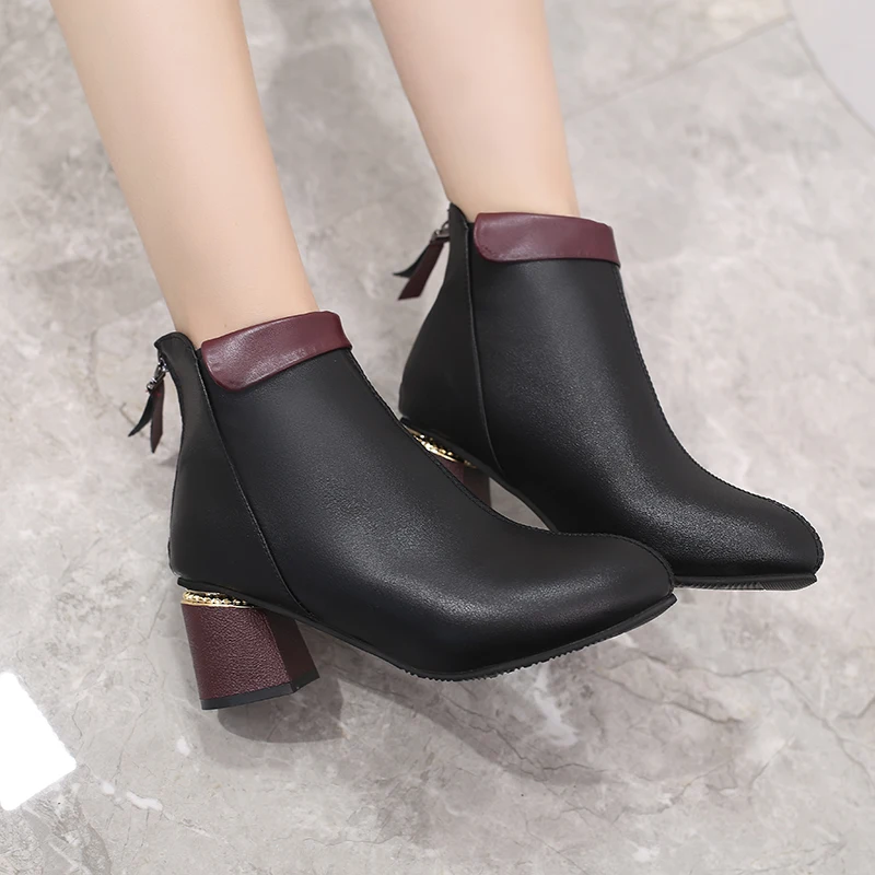 Women Ankle Boots Pumps Shoes Winter Autumn Ladies Plush Warm High Heels PU Leather Fashion Pointed Toe Zip Short Female Shoe | Обувь