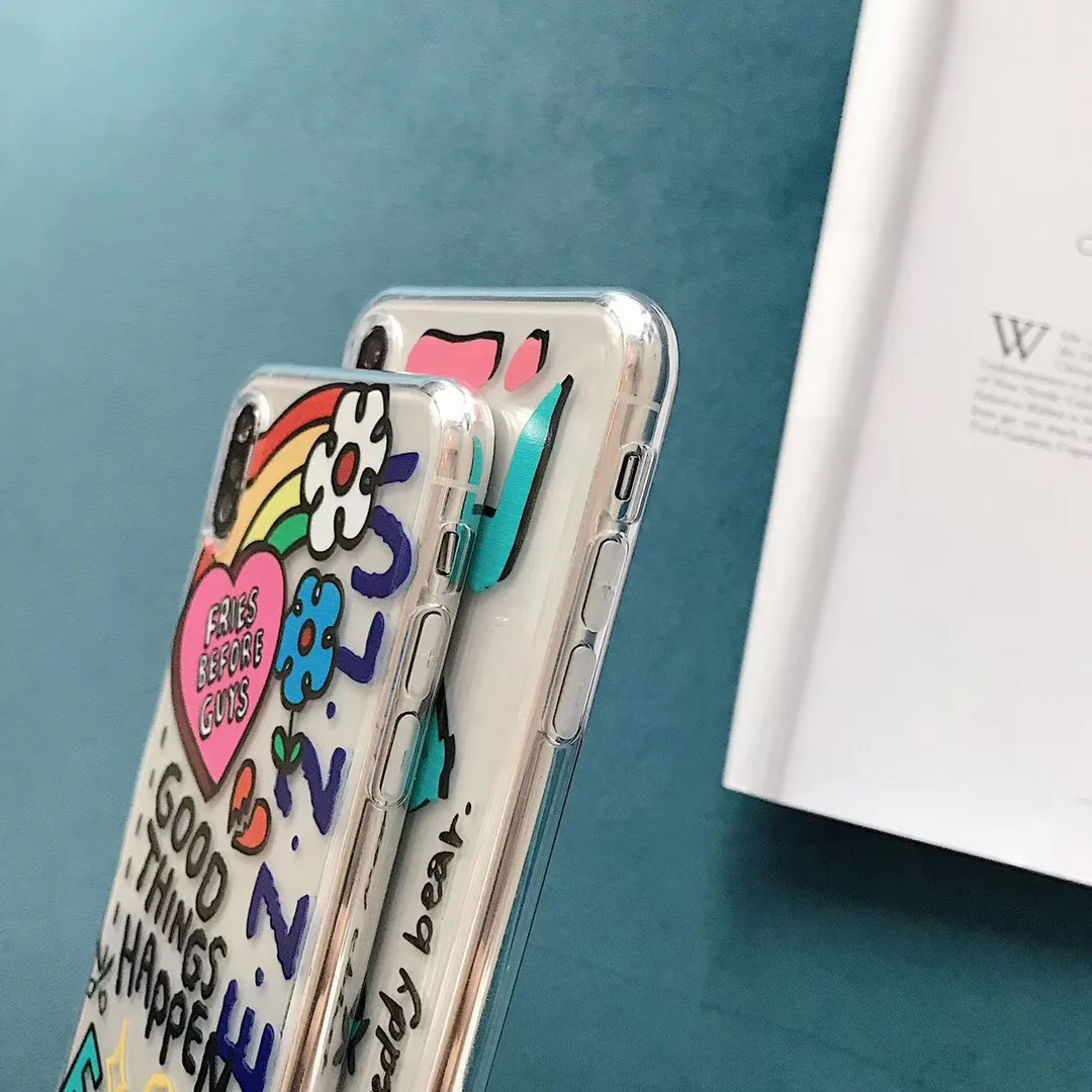 INS graffiti love rainbow flower letters phone case For iphone Xs MAX XR X 6 6s 7 8 plus funny clear soft TPU back Cover Coque |