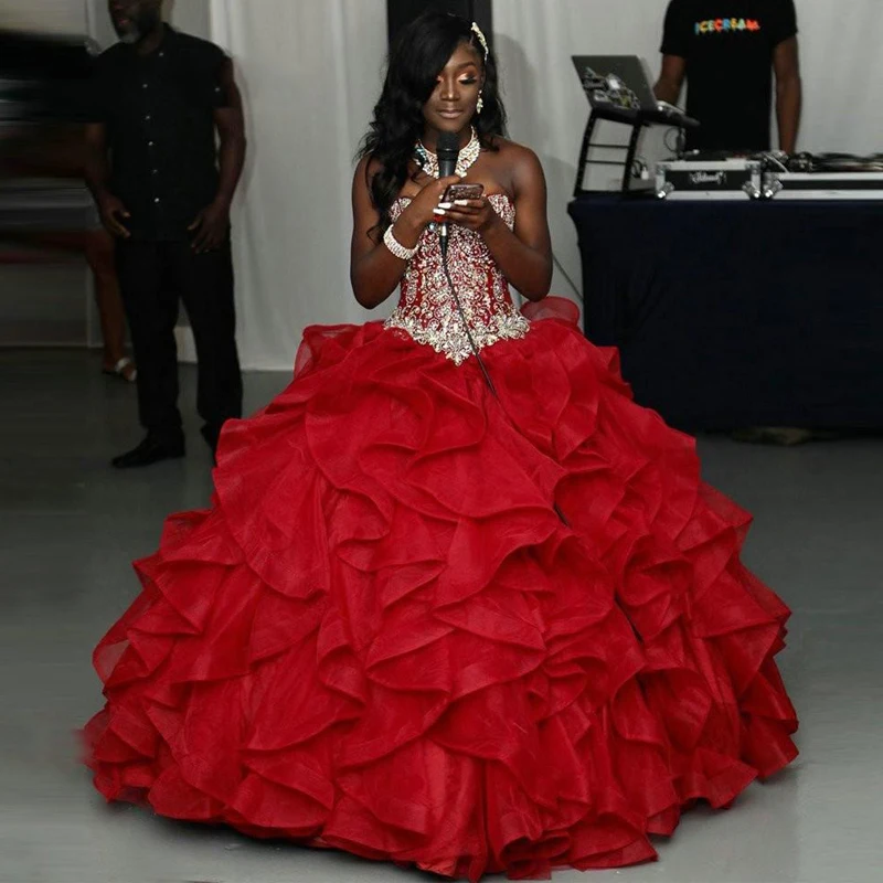 

Red Ruffles Tier Skirt Quinceanera Dresses Ball Gowns Beading Sequined Sweet 16 Dress Puffy Skirt Girls Birthday Party Gowns