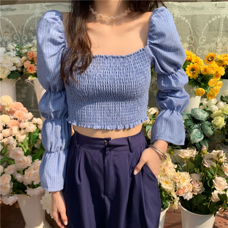 

fashion brand Women's Clothing autumn new square collar lantern sleeve Blouses Female Korean Slim Shirts hipster solid crop top