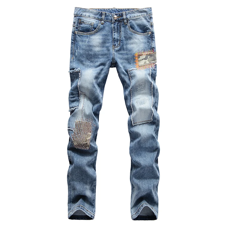 

Men's Patchwork Jeans Embroidered Blue Stretch Denim Pants Slim Straight Trousers