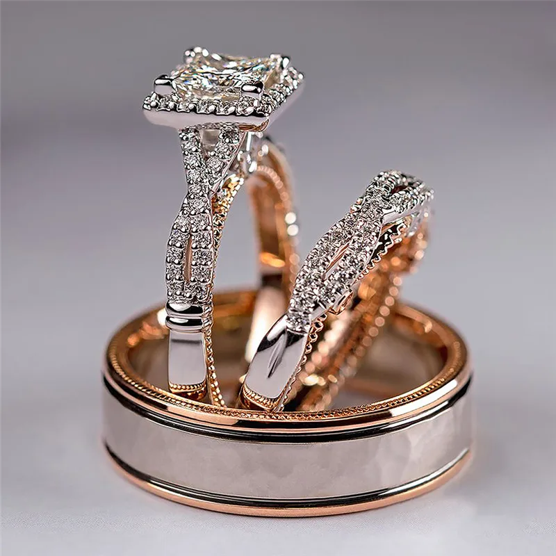 

Fashion Couple Rings Set Women Men Gorgeous Princess Square Cubic Zirconia Anniversary Love Gift Engagement Wedding Jewelry