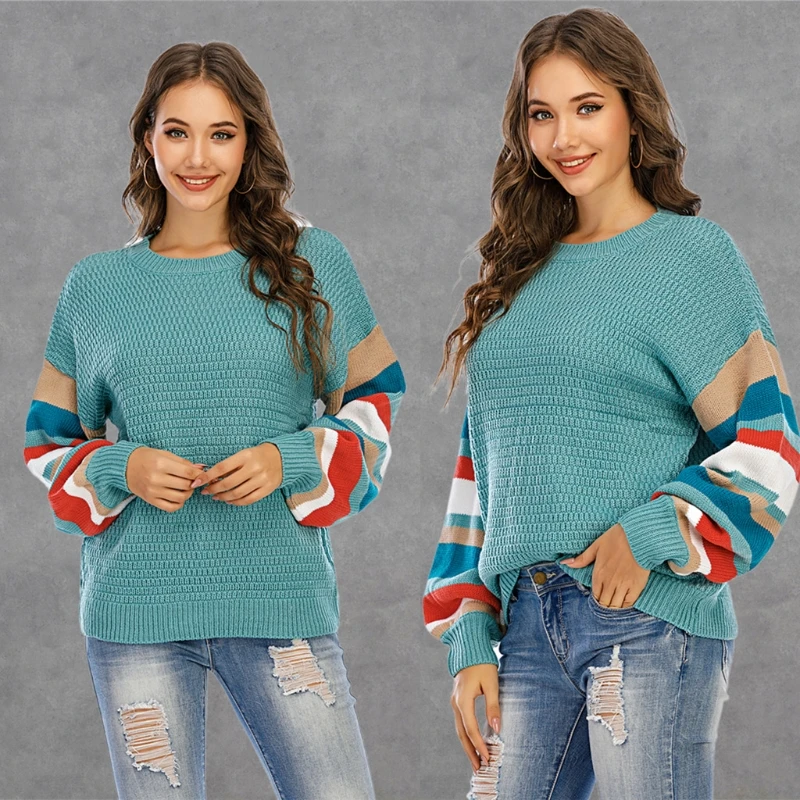 

Для женщин разноцветная одежда с длинными рукавами, строчкой по краю и вязаный свитер пуловер с круглым вырезом Свободные топы туника в ули...