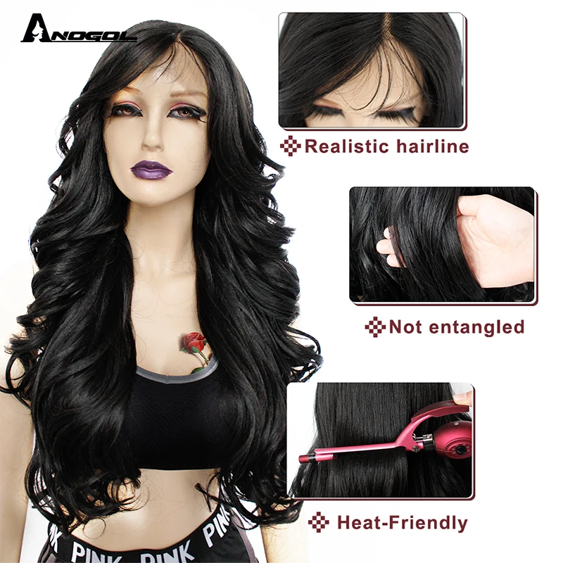 Anogol 1B # длинные черные волнистые синтетические парики на кружеве