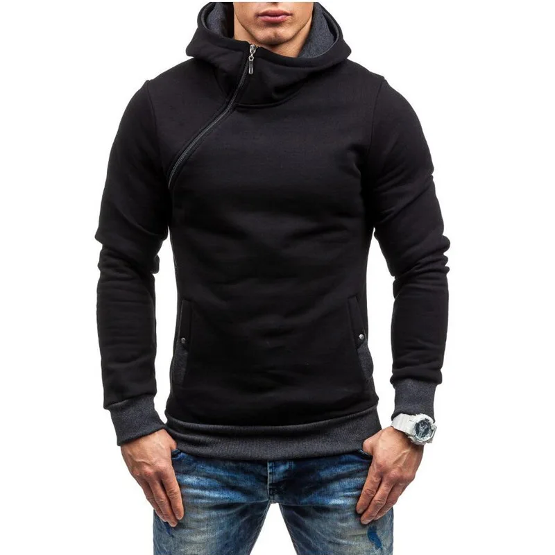 

Europe and the United States men's autumn and winter new Hooded Sweater Pullover men's inclined zipper Hooded Sweater multicolor