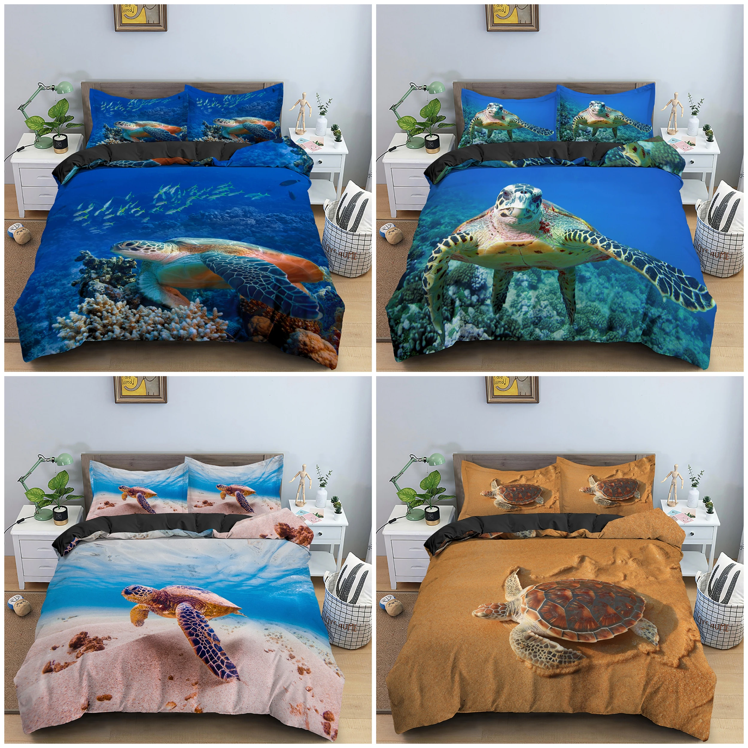 

Комплект постельного белья из микрофибры с изображением морских животных, пододеяльник с морскими черепашками, одеяло, покрывало, Королевс...