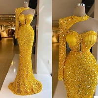 luxury evening dresses gold sequins beads pearls halter mermaid prom dress long sleeves party gowns customize robes de mari%c3%a9e
