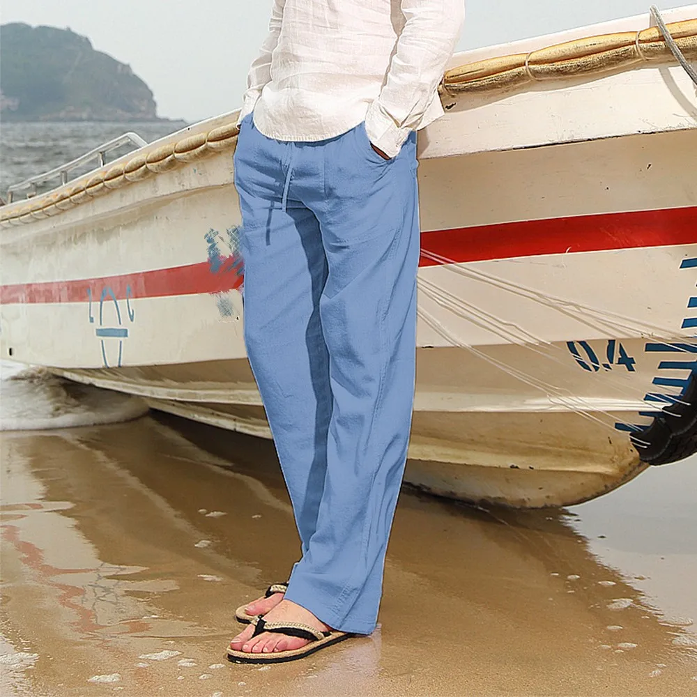 

Men Long Pants Casual Linen Breathable Loose Solid Color Straight Trousers For Gym Jogging Fitness Workout Running Cycling Yoga