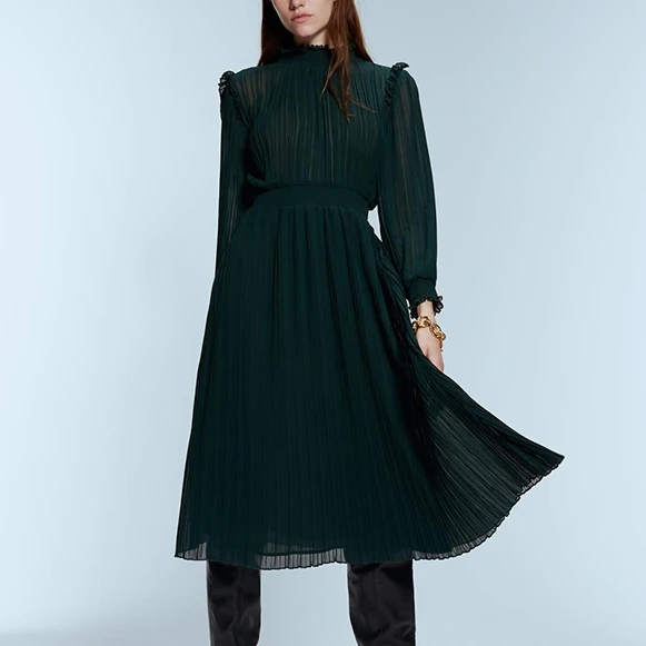 2019 новое зимнее платье корейское элегантное темно зеленое шифоновое