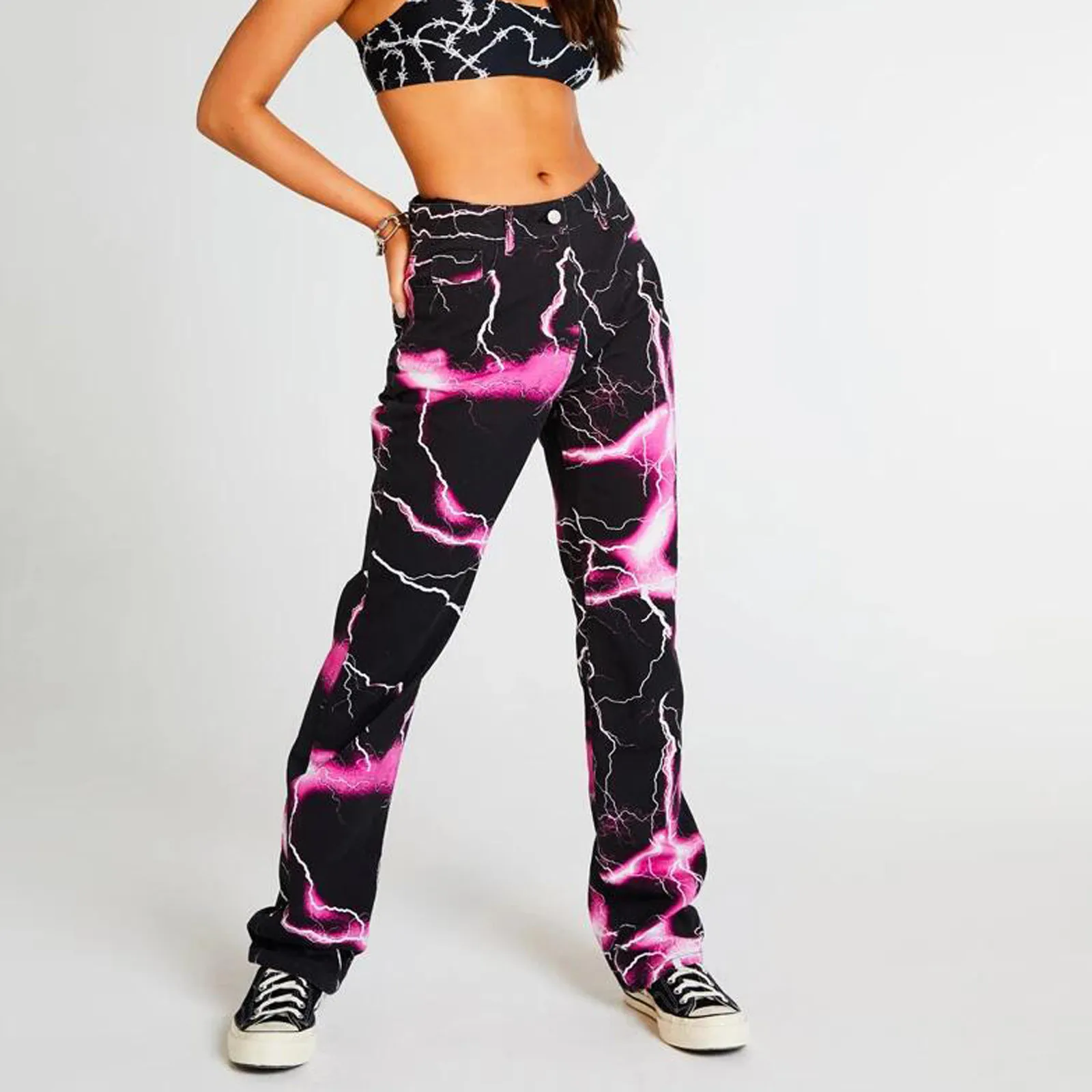 

Women Denim Trouser Streetwear High Waist Loose Pocket Print Jeans Pants Harajuku Vintage Wide Leg Pants Fashion Джинсы R5