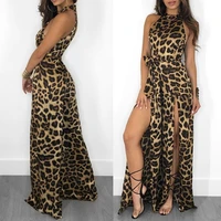 nightclub wear jumpsuits leopard printing women sexy spring ladys high waist sashes sleeveless o neck high split rompers