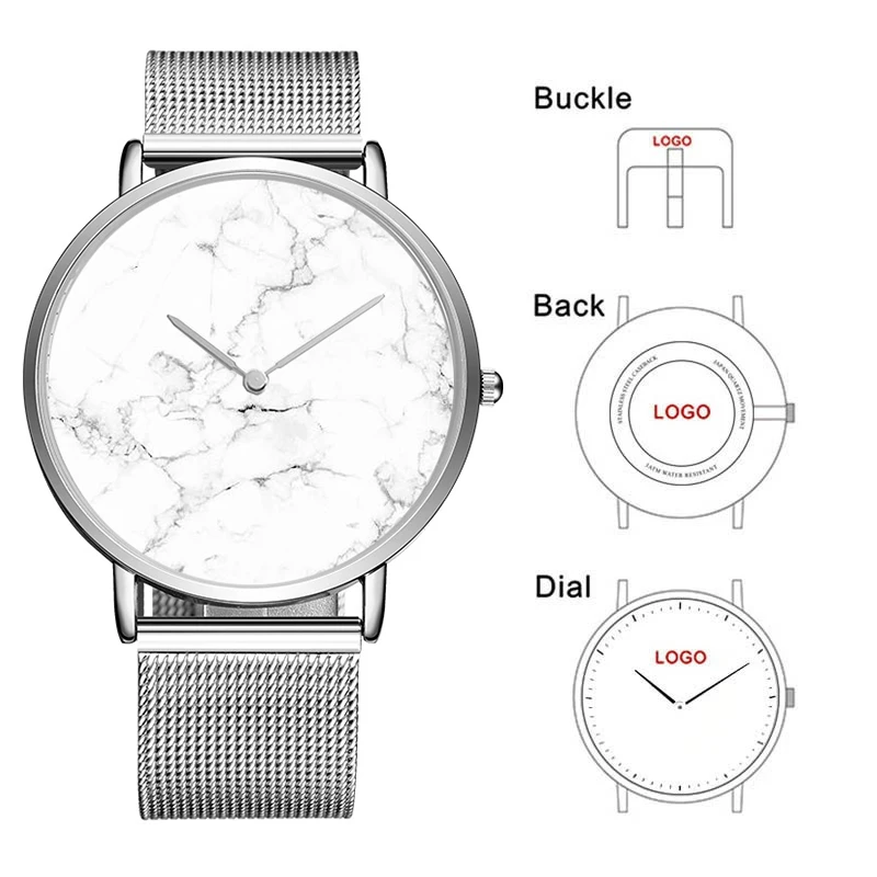 

CL014 Silver Marble Dial Stainless Steel Mesh Japanese Quartz Company Brand Name Personal Trademark Custom Logo Men Watches