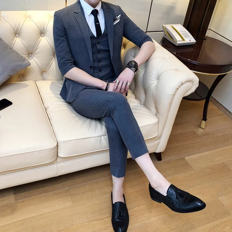 (Пиджак + жилет брюки) 2019 брендовая одежда модные мужские деловые костюмы/мужской