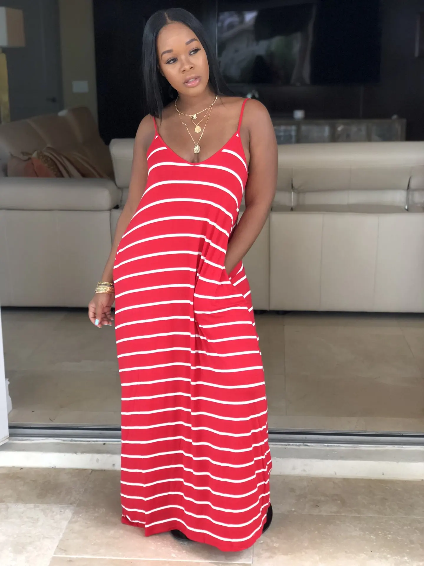 

Women's striped dress bohemian long mopping the floor