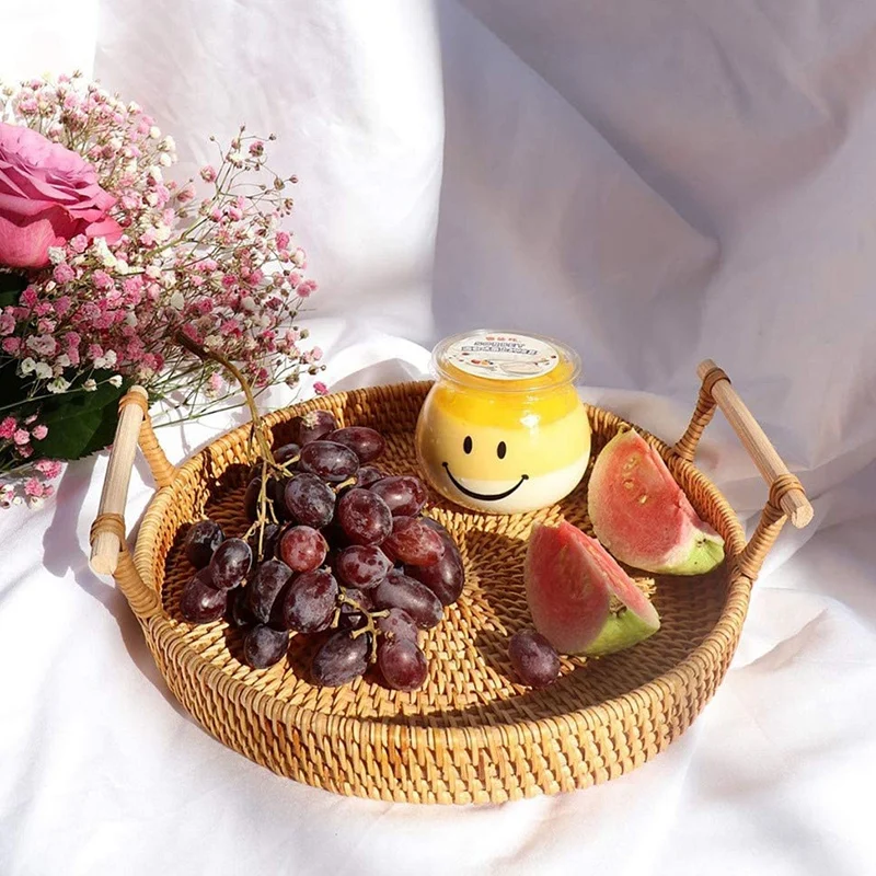 

Rattan Dinner Plate (Three-Piece Set with Handle) Rattan Storage Tray Decorative Board for Organizers