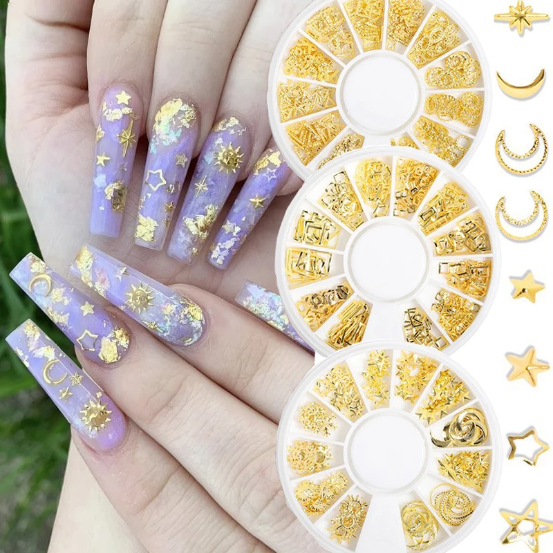 

1 Box Metal Rivet Nail Art Decoration 3D Gold Star Moon Pattern Small Pattern Fashion Design DIY Handicraft Nail Accessories