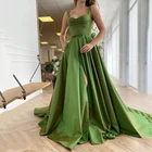 Простое зеленое атласное платье-трапеция для выпускного вечера, элегантное платье на бретелях, с пуговицами, размера плюс вечерние нее платье с разрезом и карманами