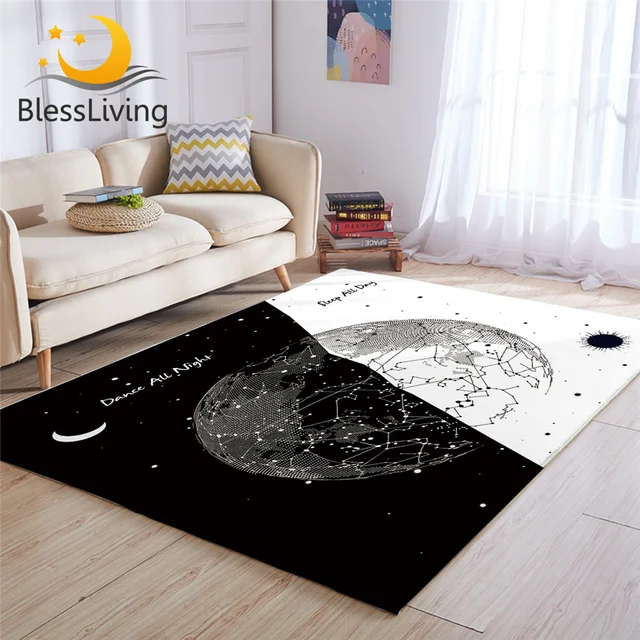 BlessLiving Earth Bulb Center Rug Black White Stylish Living Room Carpet Sun and Moon Bedroom Carpet Constellation Tapis Chambre 1