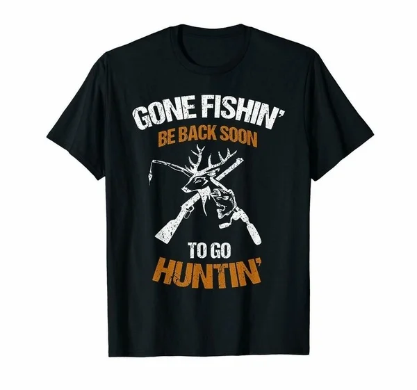 

Gone Fishin' Be Back Soon To Go Huntin' Bass Pro Shops Retro Funny Black T-shirt