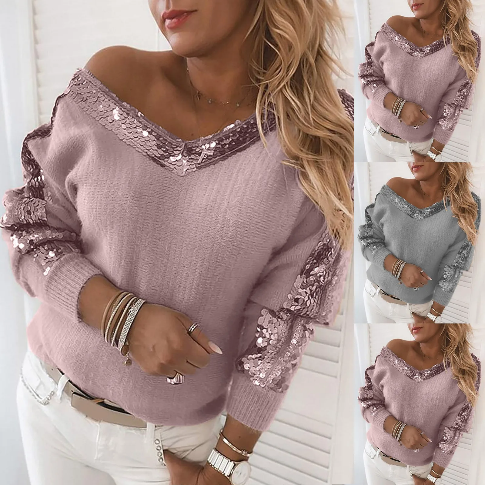 

Women's V Neck Sweater Sequin Stitching Print Temperament Sweater Long Sleeved Sweater Fashion Solid Color Knitted Pullover