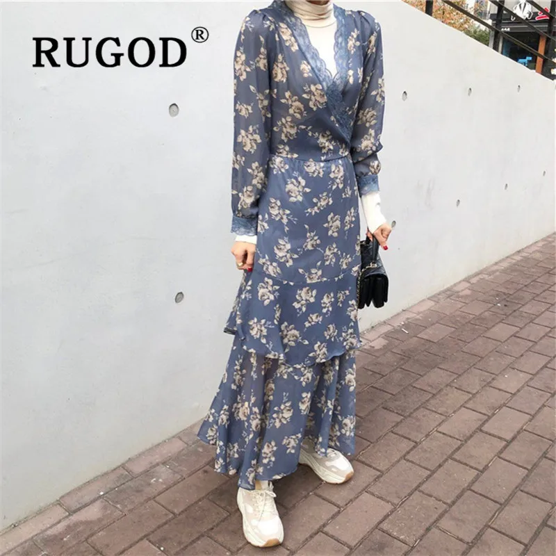 Женское ретро-платье RUGOD корейское цветочное Макси-платье с длинными рукавами