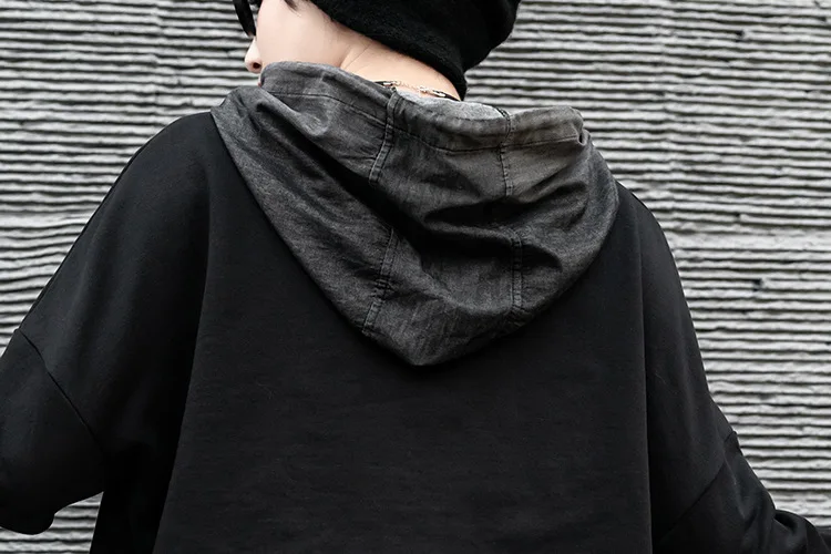 

Korean Oversized Hoodie Hood Women Harajuku Drawstring Denim Jeans Sweatshirt Female Loose Lazy Sweat Fake Two Piece Color Block