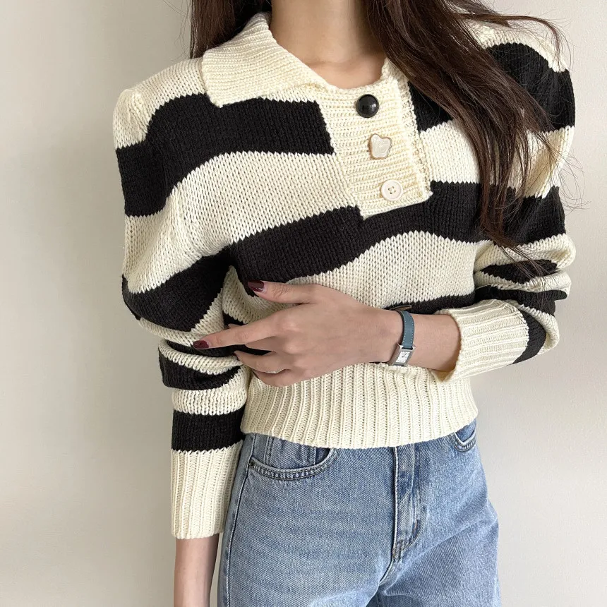 

Korean Chic Niche Design Chic Button Polo Collar Younger Striped Sweater Women's All-Matching Short Sweater