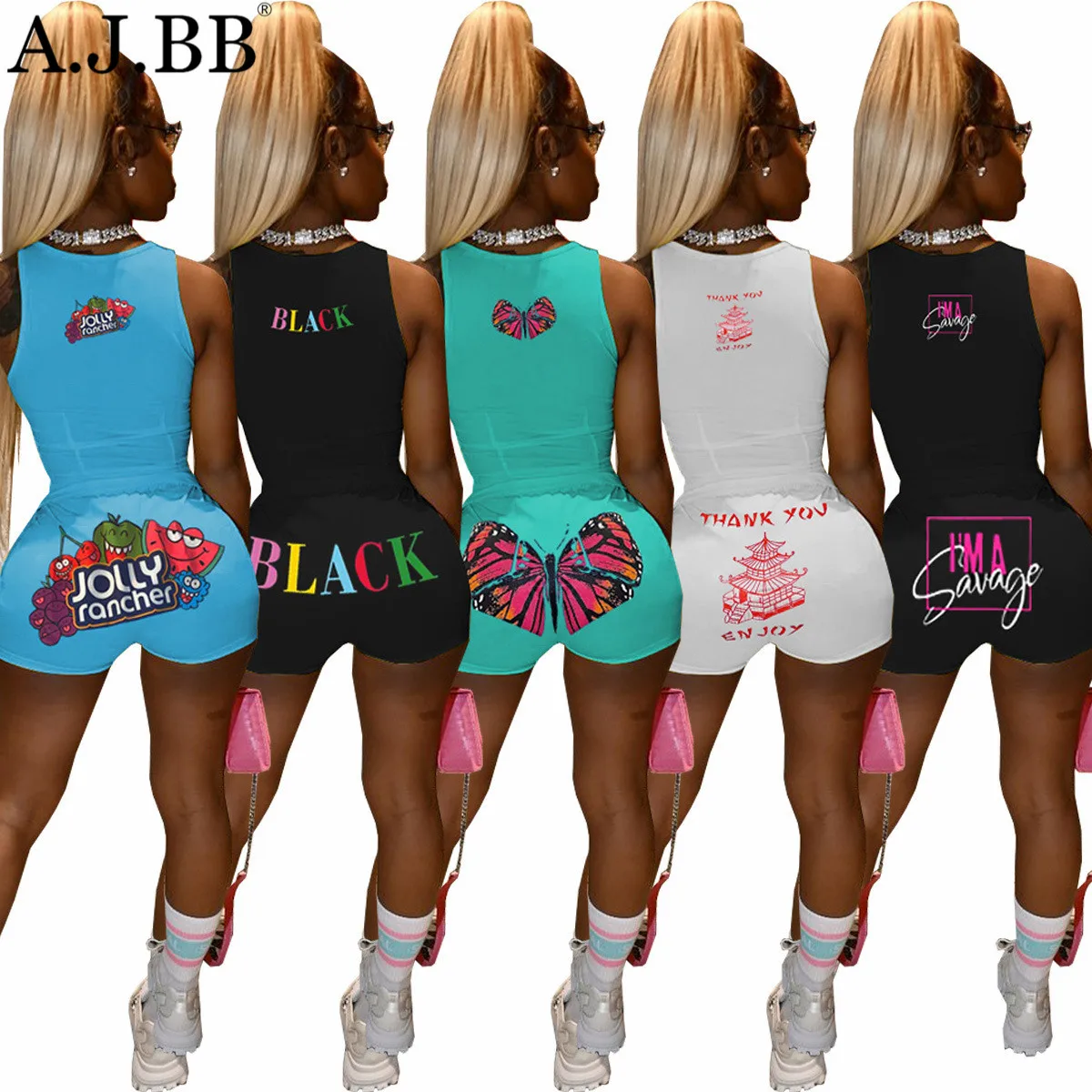

2021 summer new fashion letter print sport two piece slim fit o-neck sleeveless vest and shorts women's suit