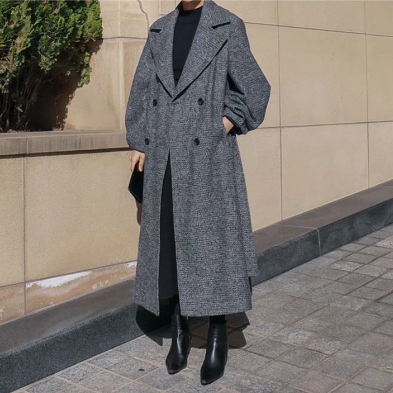 

Winter X-long Elegant Wool Blend Women Korean Fashion Vintage Overcoat Turn Down Collar Woolen Coat With Belt Casaco Feminino